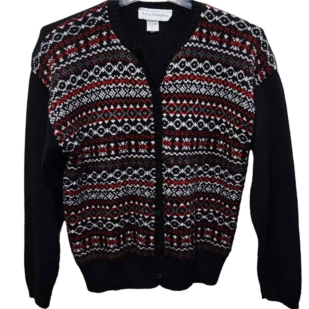 Norton McNaughton Vintage Women's Black/Multi Shoulder-Pads Button Cardigan M
